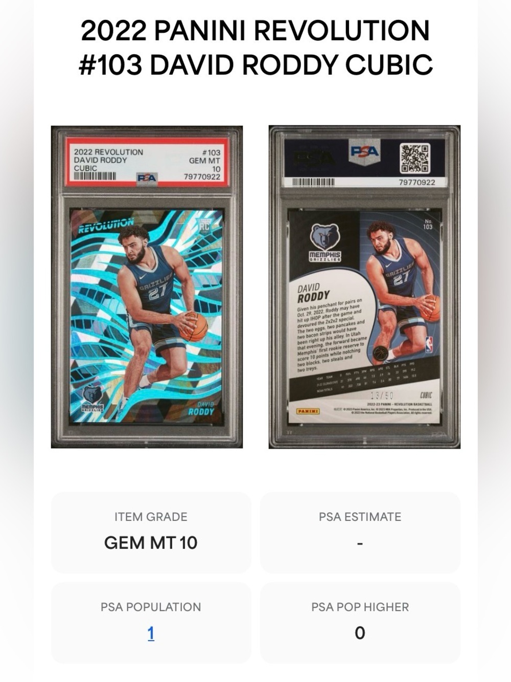 PSA 10 Basketball Lot - David Roddy 13/50 Population Count 1 (5 Cards) - Picture 2 of 2